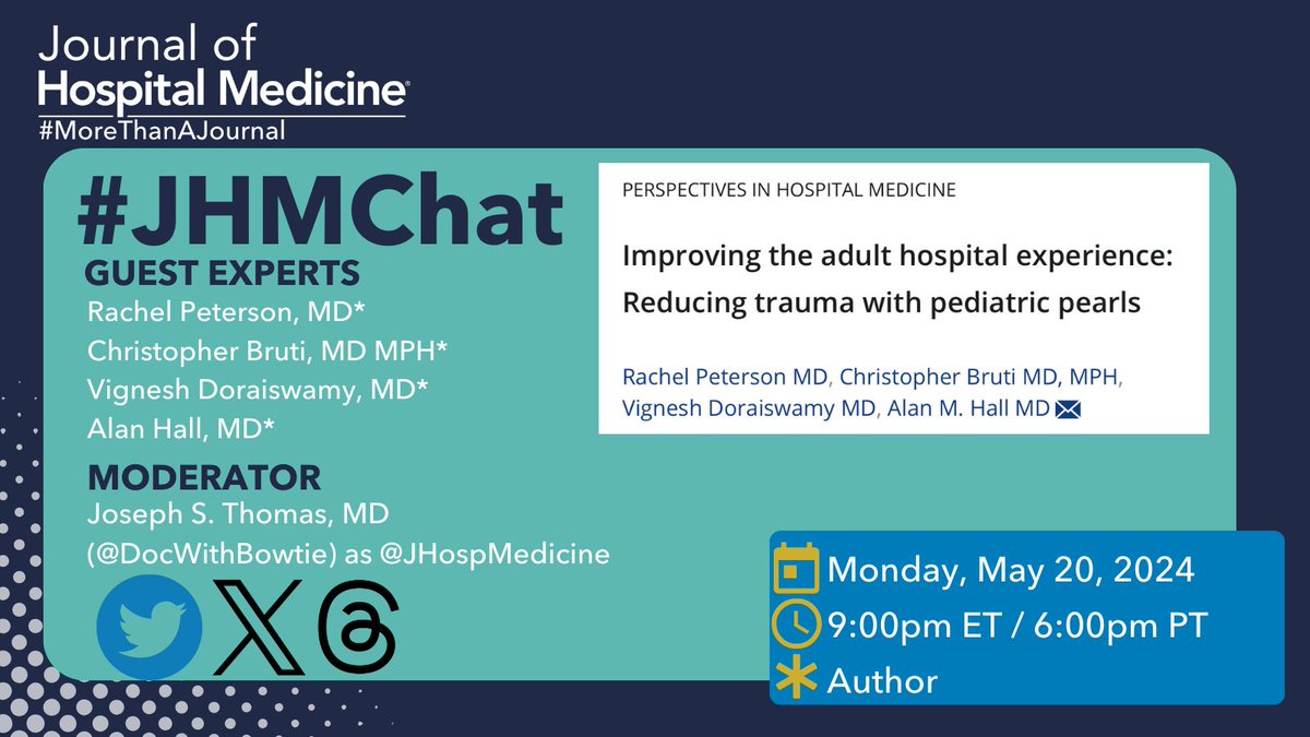 Journal of Hospital Medicine (@jhospmedicine) on Twitter photo ⏳ ONE HOUR TO GO!!!!
Tonight's #JHMChat starts in 60 minutes!
Looking forward to discussing application of ChildLife and other pediatric trauma reduction methods to adults with our guest experts, authors
<a href="/MPAcadHosp/">Rachel Peterson</a> <a href="/DoctorVig/">Vignesh Doraiswamy, MD- MedPeds Hospitalist</a> <a href="/cb721/">Chris Bruti</a> <a href="/AlanHall_UKHM/">Alan Hall</a>!
See you soon! ⏳ ONE HOUR TO GO!!!!
Tonight's #JHMChat starts in 60 minutes!
Looking forward to discussing application of ChildLife and other pediatric trauma reduction methods to adults with our guest experts, authors
<a href="/MPAcadHosp/">Rachel Peterson</a> <a href="/DoctorVig/">Vignesh Doraiswamy, MD- MedPeds Hospitalist</a> <a href="/cb721/">Chris Bruti</a> <a href="/AlanHall_UKHM/">Alan Hall</a>!
See you soon!