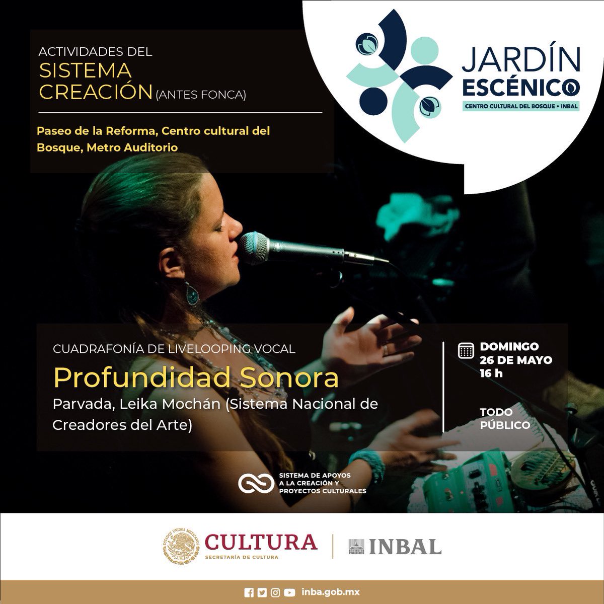 La cantante y artista sonora Leika y el colectivo Parvada presentarán en el #PabellónEscénico “Profundidad sonora”, concierto inmersivo cuadrafónico de livelooping vocal y paisaje sonoro con sonidos de aves recopilados a lo largo de un año en el río Grijalva. ¡No te lo pierdas!