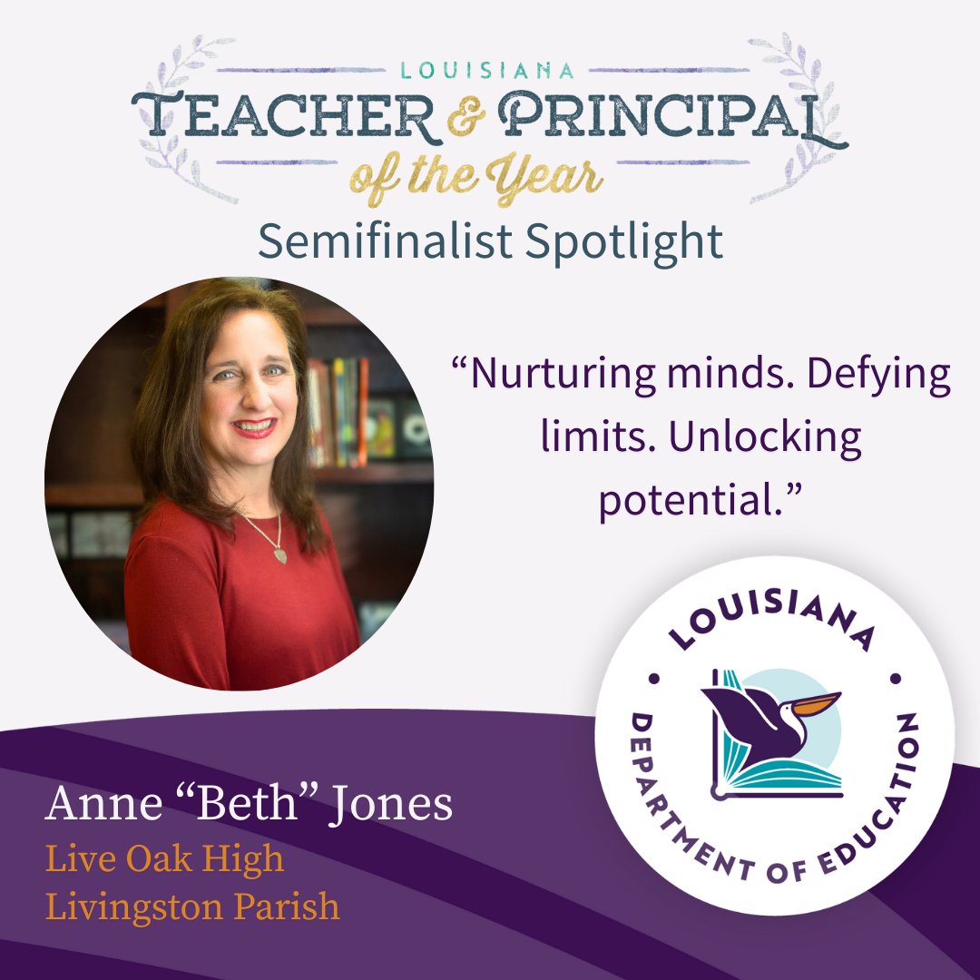 Anne 'Beth' Jones is a Principal of the Year semifinalist. She believes in promoting positive relationships to encourage students and faculty to explore new and innovative concepts that contribute to overall development.