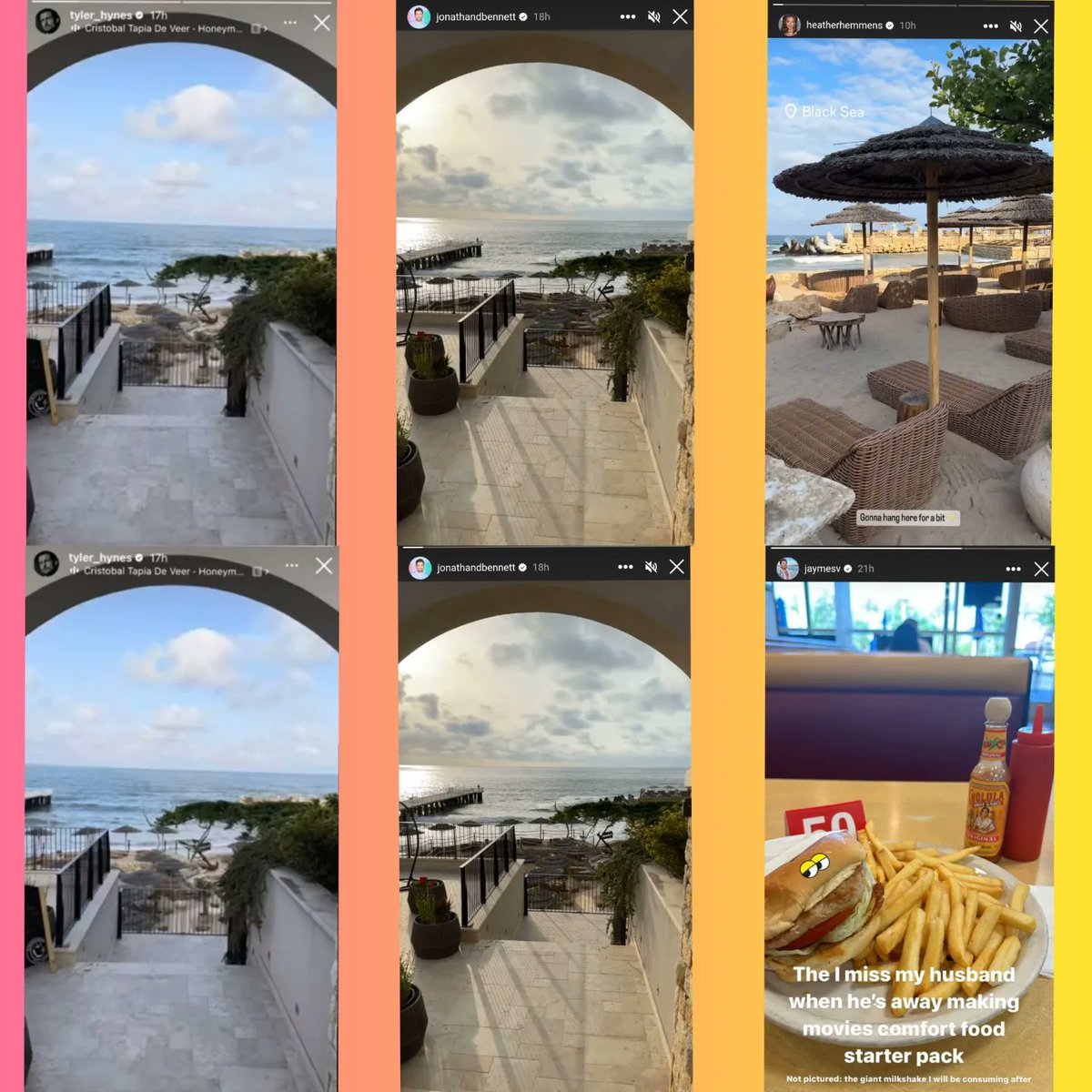 PinkSunsetxo's tweet photo. Tyler Hynes &amp; Jonathan Bennett both posted Instagram stories from the SAME location in Europe &amp; so did Heather Hemmens!! &amp; Jonathans husband Jaymes posted on his IG stories Jonathans away making movies. All 3 in the same location!! What is going on?! ☀️🌅 🎥 

📸 T, J, H &amp; J https://t.co/728wYCPp4Z