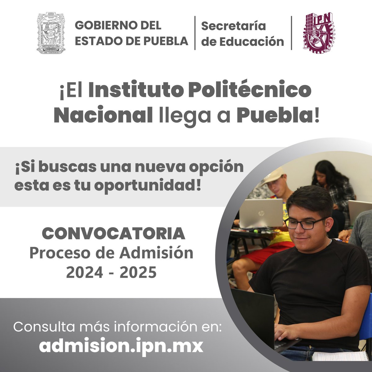 ¿Quieres estudiar en el @IPN_MX en #Puebla ⚙️🇲🇽? Ya está abierta la convocatoria desde hoy y hasta el 26 de agosto, informó el gobernador Sergio Salomón Céspedes (@SergioSalomonC). 🔗 NIVEL SUPERIOR: admision.ipn.mx/ps/convocatori… 🔗 NIVEL MEDIO SUPERIOR: admision.ipn.mx/pm/convocatori…