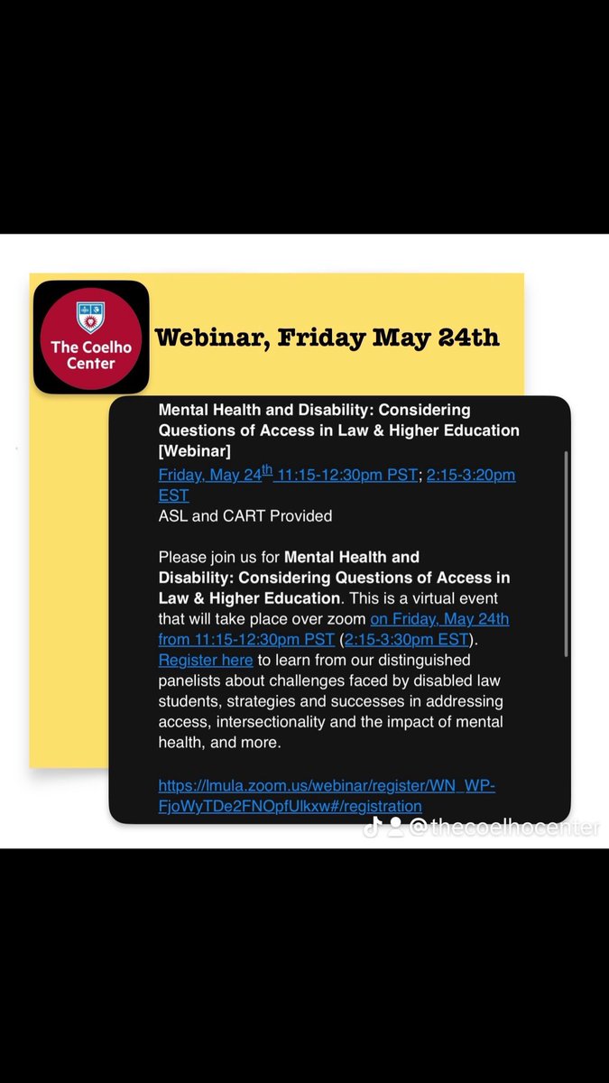 Mental Health and Disability: Considering Questions of Access in Law &amp; Higher Education
Friday, May 24th 11:15-12:30pm PST
ASL &amp; CART Provided

Learn from our panelists about challenges faced by disabled law students, &amp; strategies to address access.
lmula.zoom.us/webinar/regist…