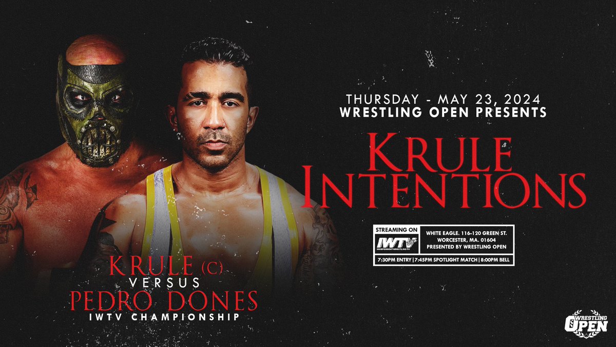 THIS THURSDAY: @AtrocityKrule defends the IWTV Undisputed Independent Wrestling World Title against @donesshotcaller at @WrestlingOpen FREE MATCH: @TJCWrestling vs. #PedroDones to determine the #1 Contender from 5/4/24 - youtube.com/watch?v=SR4J56… LINEUP: beyondwrestlingonline.com/wrestlingopen