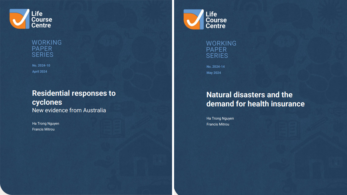 Natural disasters have lasting effects on societies. Two @LifeCourseAust Working Papers by Dr Ha Trong Nguyen & A/Prof Francis Mitrou explore: 👉Residential responses to cyclones. Read - bit.ly/3yubdmx 👉Demand for health insurance . Read - bit.ly/4bM1Xbs
