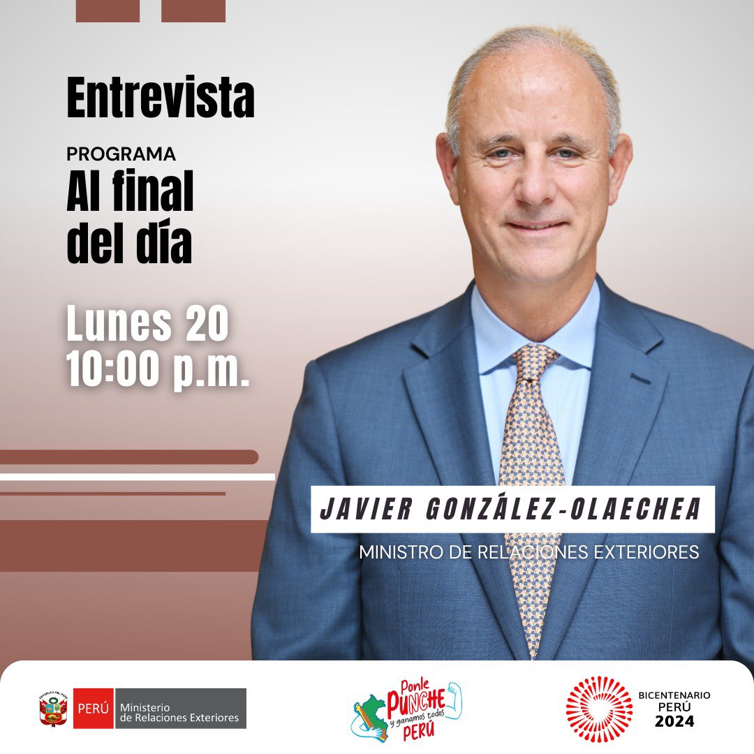 📣 Hoy, lunes 20, el canciller @J_GonzalezOFr será entrevistado en el programa “Al final del día” en @canalN_.