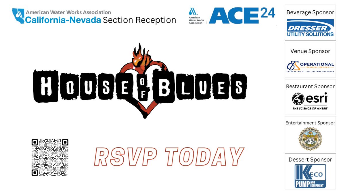 ACE24 is coming up CA/NV Reception at the House of Blues on Monday June 10th from 5:00pm - 8:00pm. Sponsors: Dresser Utility Solutions, Operational Technical Services, ESRI, Metropolitan Water District of Southern California, and KECO pumps for making this reception a success.