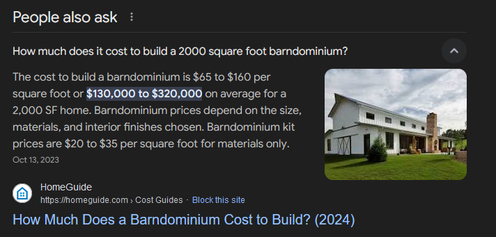 My friend, once the lads get in the swing of things, barndominiums'll raise themselves as long as materials are available

$20 x 2k = 40k
$35 x 2k = 70k

At current median home prices?($426k, june2023)
Bit of labour for your neighbors is a small price to pay.

Return 2 settler