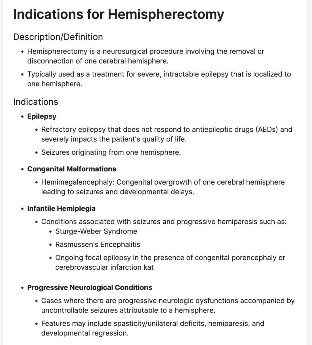 Indications for Hemispherectomy Learn more and generate your own summaries at neuralconsult.com 🧠 🎯 #MedX #MedTwitter #FOAMed #MedEd #USMLE #step1 #Step2CK