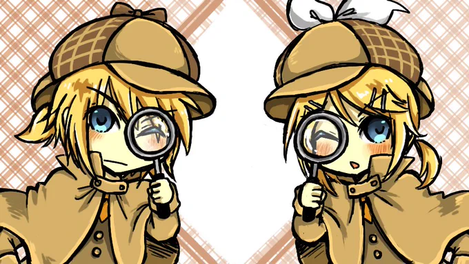 今日は #探偵の日 だホー!という事で、スノウさんの作品をご紹介!お揃いの、探偵のような恰好が似合っているホー(*'艸`*)【 #piapro #鏡音リン #鏡音レン