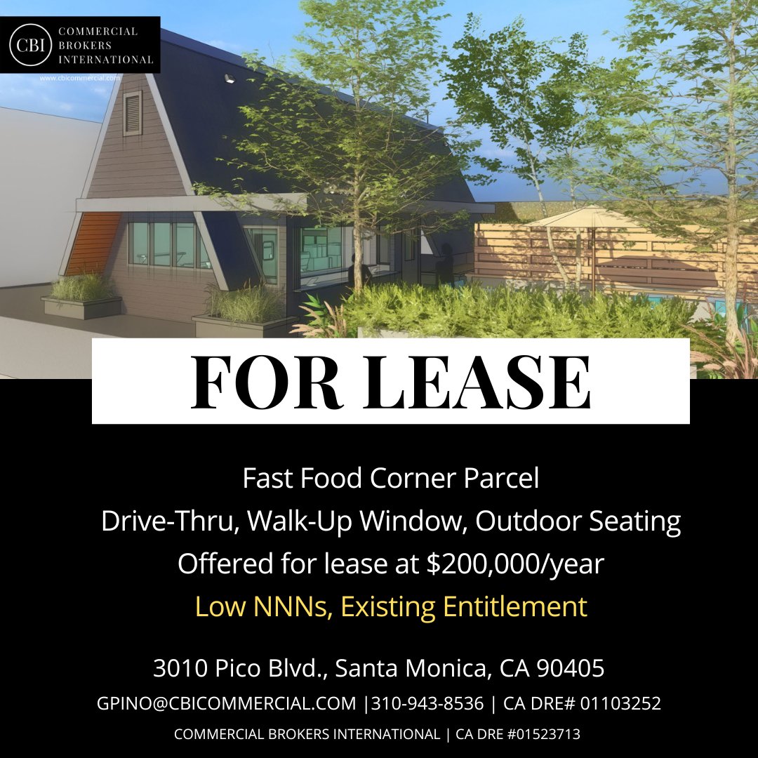 Rare fast food corner parcel for lease 🍔 📍3010 Pico Blvd., Santa Monica, 90405 🪑R.T.I. Permits to add over 900 sq. ft. of seating 🚗Tremendous traffic count Low NNNs - contact George Pino for more information at at gpino@cbicommercial.com or 310-943-8536 #ForLease #RealEstate