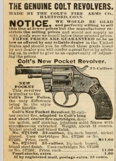 It's kinda interesting how the Sears catalog often advertised guns for pocket carry. This one is from 1901. 

'Expert' historians for the state like to claim that carry was uncommon in the 19th century. The large amount of ads boasting a handgun could be carried concealed seem to