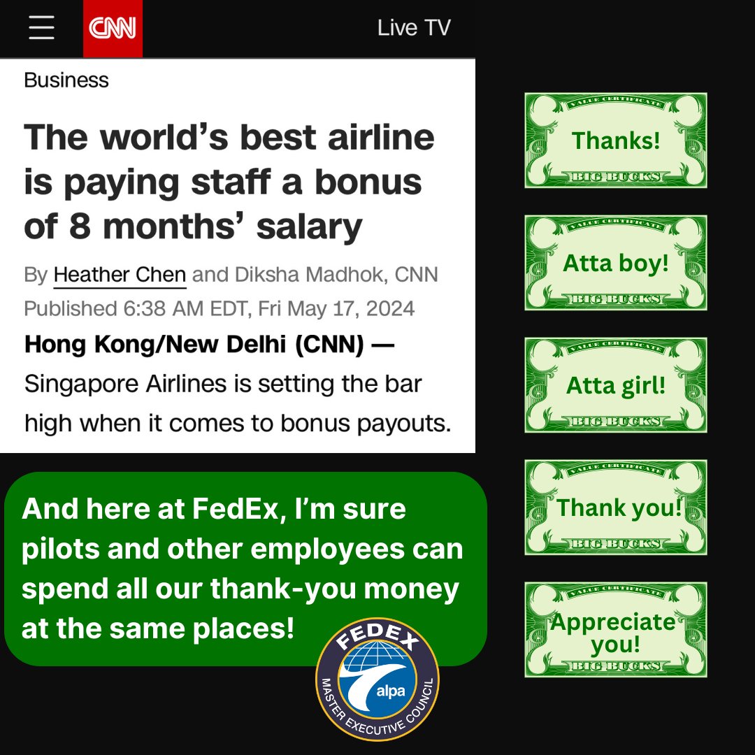 FedExPilots's tweet photo. It's nice when a company recognizes its employees' hard work with tangible rewards! Fellow @FedEx employees, don't spend all of the "thank-yous" in one place! 

#FedExPilots #EmployeeAppreciation #CompanyCulture

@ALPAPilots https://t.co/ndTeosapjD