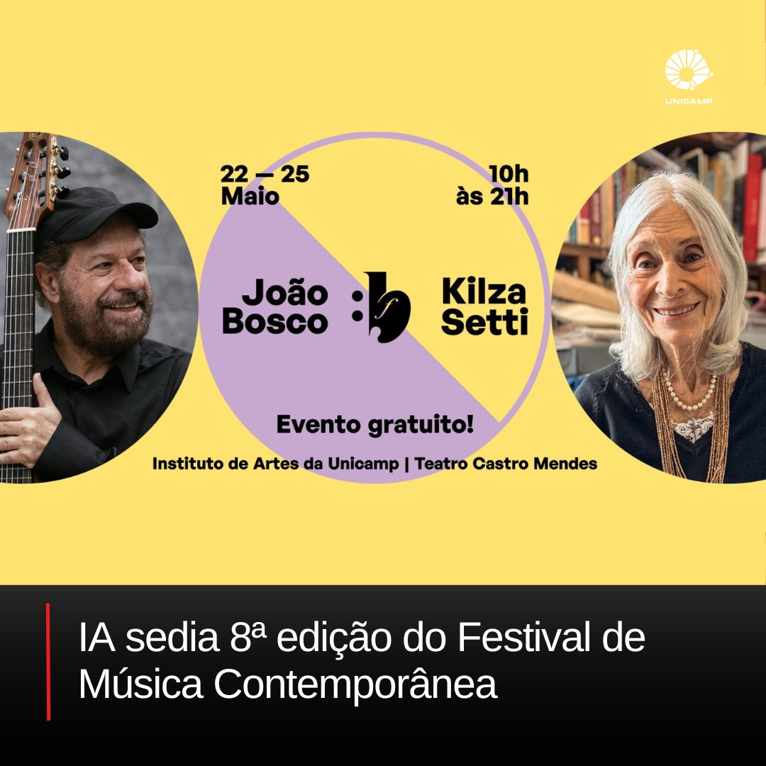 Entre os dias 23 e 25 de maio, o Instituto de Artes (IA) da Unicamp será uma das sedes da 8ª edição do Festival de Música Contemporânea Brasileira.
jornal.unicamp.br/evento/2024/05…
#EventosUnicamp #Unicamp #Artes #Musica #Festival #