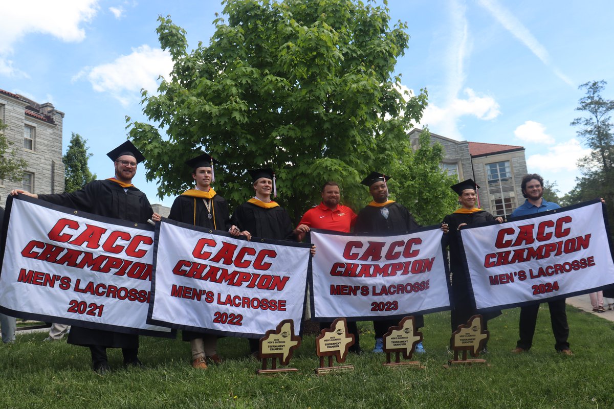 A once in a lifetime photo as graduating seniors stand with not one, not two, not three, but FOUR consecutive CACC championship trophies &amp; banners. What an accomplishment to win the conference title each year of your collegiate career. So proud of our Griffins, Class of 2024!