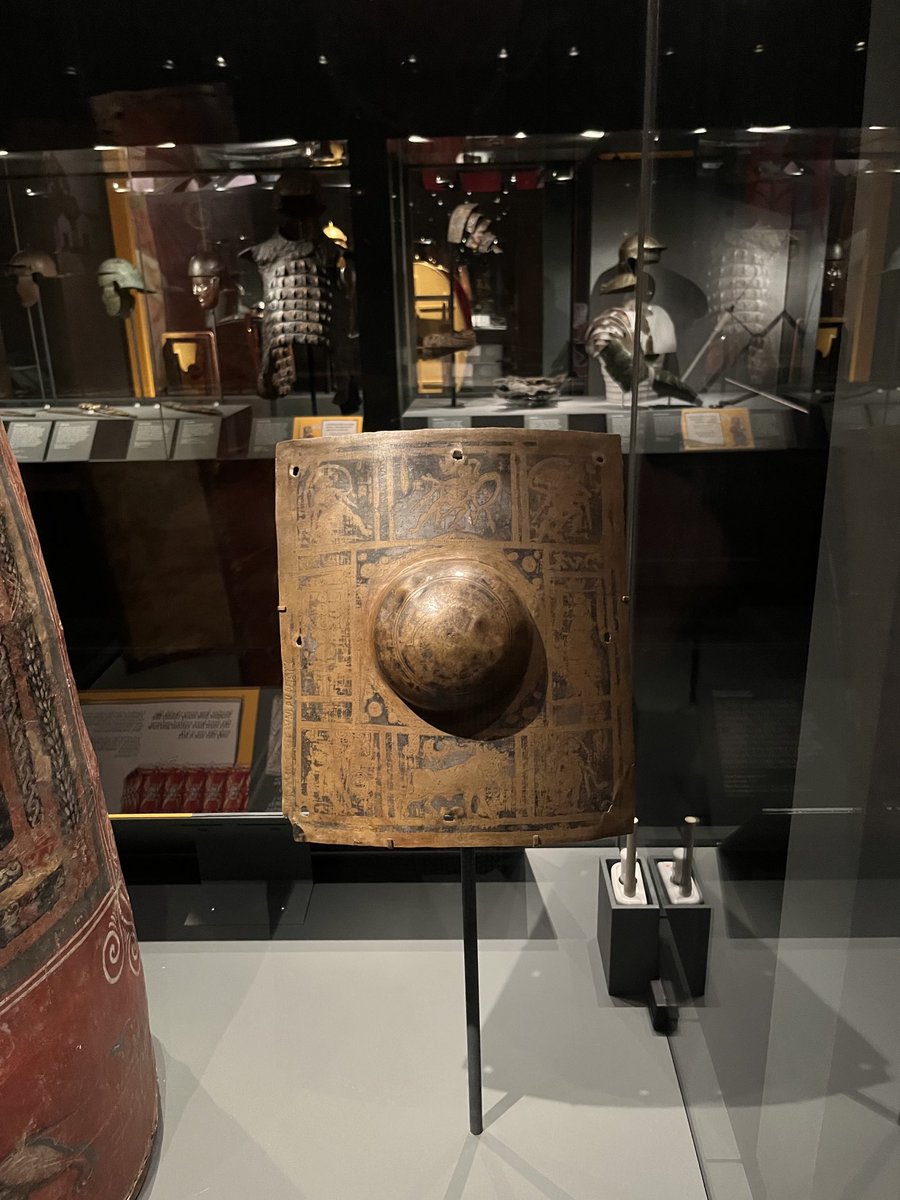 Look at this surviving part of a Roman legionary soldiers shield. This is the metal boss found in middle of the shield. It was found in the River Tyne in NE England & dates to the 1st century CE. On display at Legion, British Museum