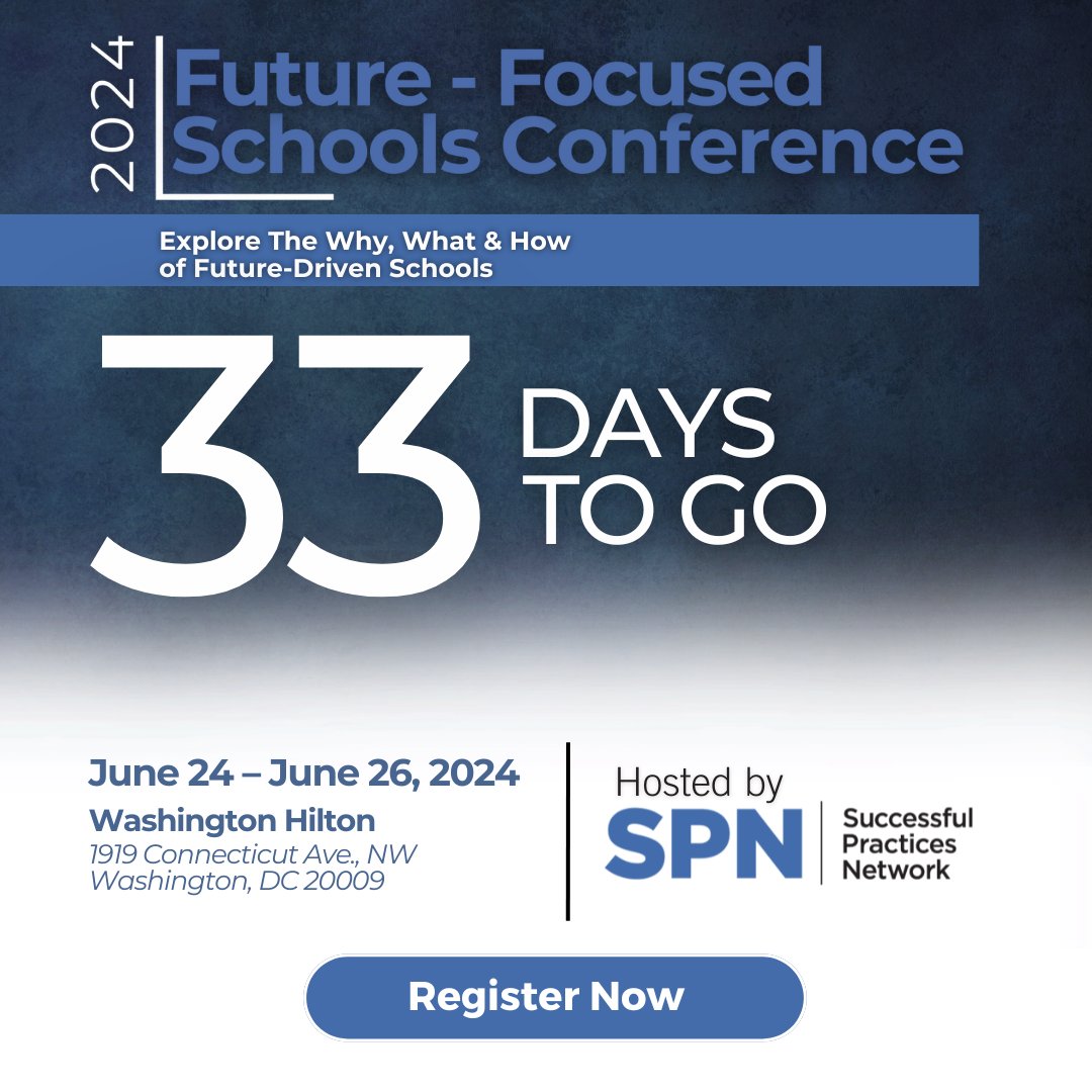 33 days until the Future-Focused Schools Conference!
#FFSC24 equips K-12 leaders & teams with practical strategies to tackle the biggest challenges in education, like #AI, #ChronicAbsenteeism, #MentalHealth, and more. Register now! ➡️ bit.ly/3JLbx2C