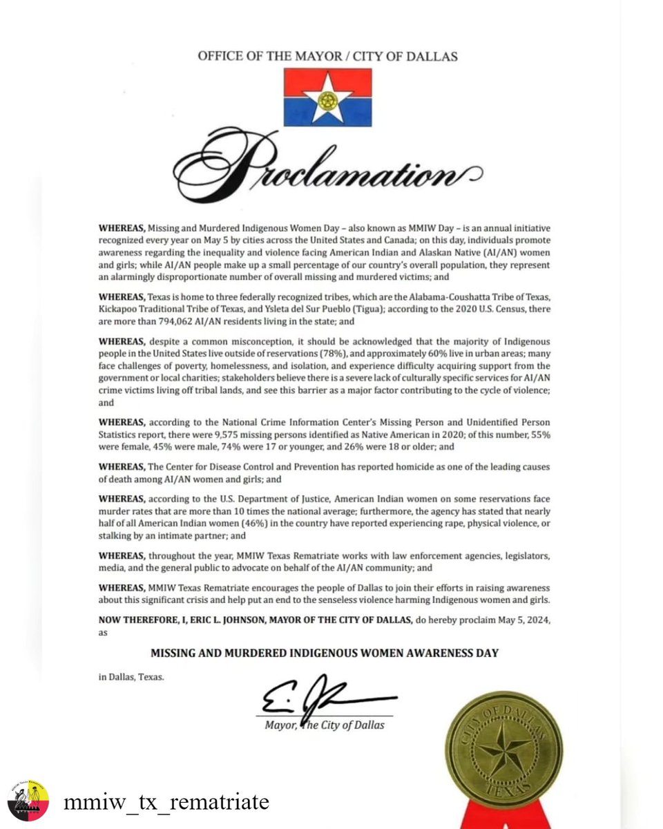 Today we want to congratulate and thank MMIW TX Rematriate (@‌mmiw_tx_rematriate) for their work in Dallas, Texas, which includes receiving a proclamation from the city for the recognition of May 5th as MMIW Day! We appreciate your work❤️