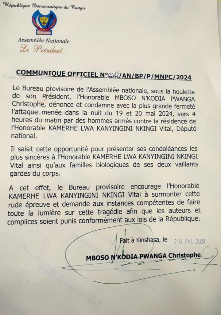 AssembleeNatRDC's tweet photo. #Communique #n012 | 20.05.2024 #Assembleenationale
@VitalKamerhe1 @Presidence_RDC @CMbosoNkodia https://t.co/4lSBQ4aPfg