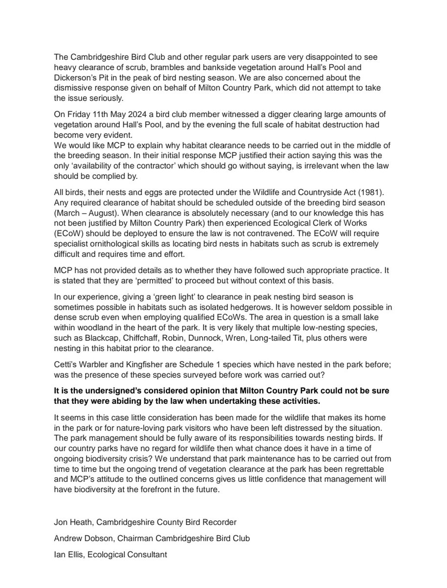 Cambs Bird Club (@cambsbirdclub) on Twitter photo An open letter to <a href="/MiltonCountryPk/">Milton Country Park</a> in response to the recent habitat clearance in peak bird nesting season. If you'd like to show support please add your name in the comments below. An open letter to <a href="/MiltonCountryPk/">Milton Country Park</a> in response to the recent habitat clearance in peak bird nesting season. If you'd like to show support please add your name in the comments below.