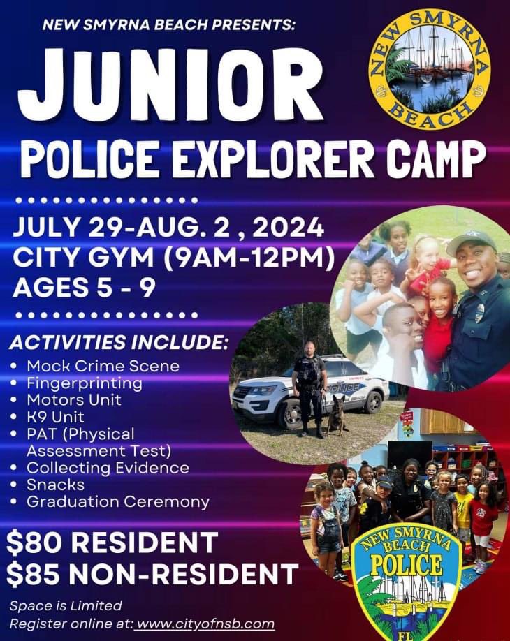 Camp is filling up quick - sign up today! To register, 💻 visit cityofnsb.com ➡️ Leisure Services Registration ➡️ Seasonal Camps ➡️ Police Explorer Camp. Registration can also be done in-person at the Babe James Community Center or by calling 386-410-2890.