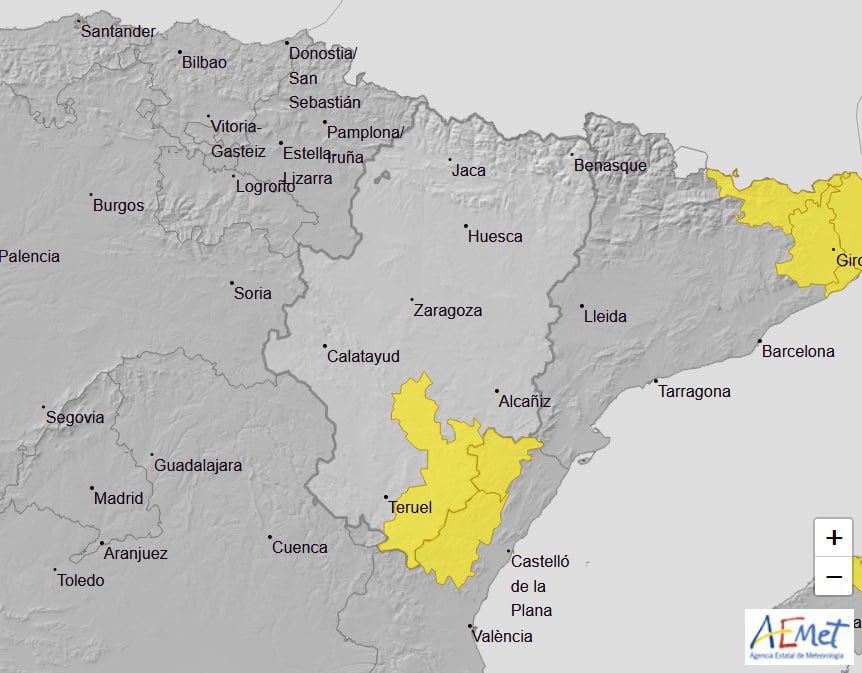 🟡⛈️ Aviso nivel amarillo por lluvias y tormentas en #Gúdar y #Maestrazgo (Teruel) para mañana, 21 de mayo, entre las 12:00 y las 23:59h.