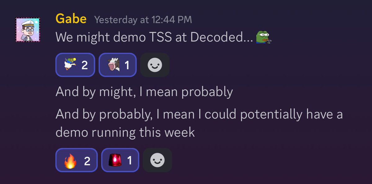 What better way to start a week than by sharing some alpha on this lovely Monday… Sounds like @TinkerGabe may have something special to share with everyone at @PolkadotDecoded during @EthCC in Brussels. 🇧🇪 TSS has [maybe, probably, potentially] been achieved, internally. 🥷