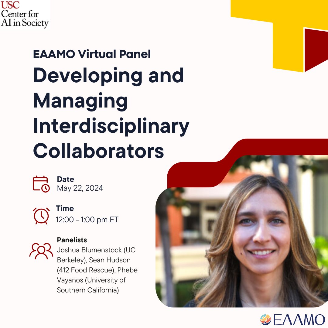 Thrilled to announce that @phebe_vayanos will be part of a panel hosted by @EAAMO_ORG! Join us for 'Developing and Managing Interdisciplinary Collaborators' as experts share tips for impactful nonprofit-academia partnerships. Don't miss this opportunity! @USCViterbi