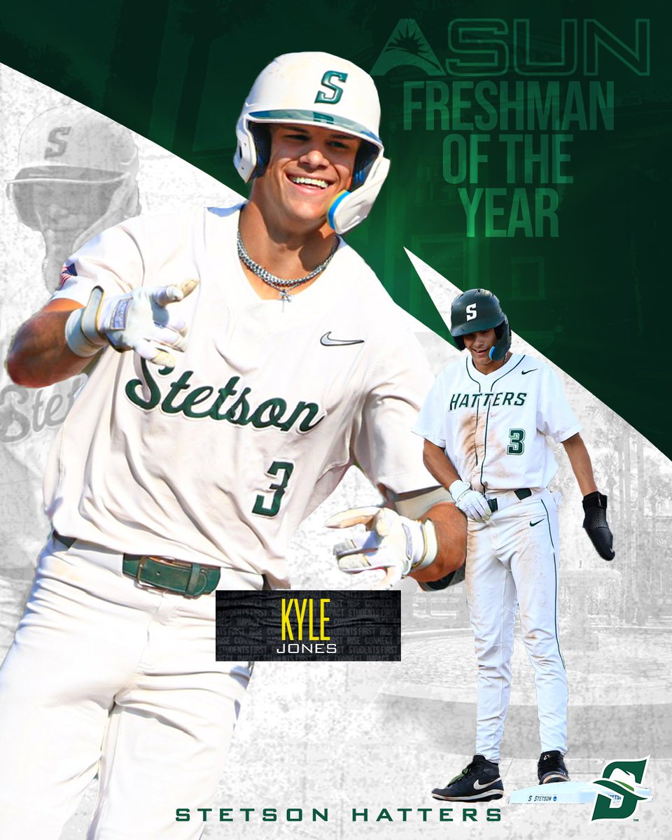 ASUNSports's tweet photo. Just getting started! 👏💯

 @StetsonBaseball's Kyle Jones claims the 𝟮𝟬𝟮𝟰 #𝗔𝗦𝗨𝗡𝗕𝗦𝗕 𝗙𝗿𝗲𝘀𝗵𝗺𝗮𝗻 𝗼𝗳 𝘁𝗵𝗲 𝗬𝗲𝗮𝗿 honor! 

📰 | https://t.co/mjJ8IPYgHS

#ASUNBuilt | #GoHatters 🤠 https://t.co/OSBmSqaujC