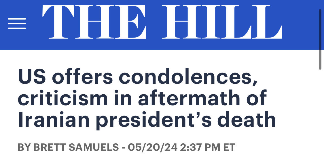 BREAKING: The Biden administration offers its condolences following the death of Iranian President Ebrahim Raisi. NOTE: Raisi, also known as the 'Butcher of Tehran,’ had long supported terrorism and had partaken in the mass murder of civilians and regime dissidents.