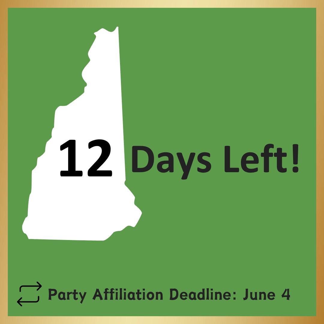 Twelve days to go before the deadline to change party affiliation. After June 4th, you will not be able to change your party affiliation until after the State Primary. Visit app.sos.nh.gov to check your voter registration info.