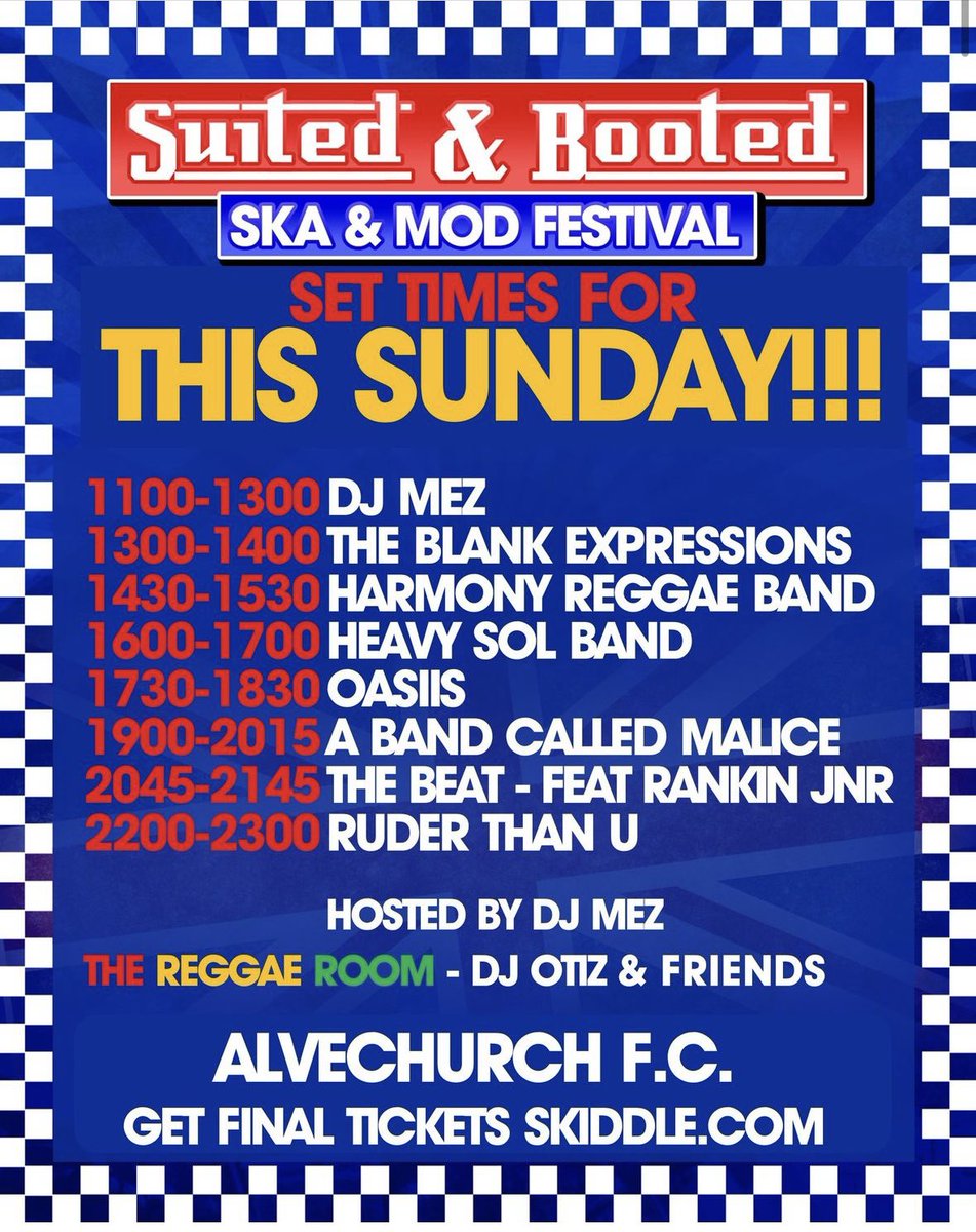 🚨 SET TIMES FOR SUNDAY! 💃 🕺  WHO ARE YOU LOOKING FORWARD TO SEEING? 🔊 🎶 

📅 Only a few days to go until SUITED & BOOTED 2024 Alvechurch fc