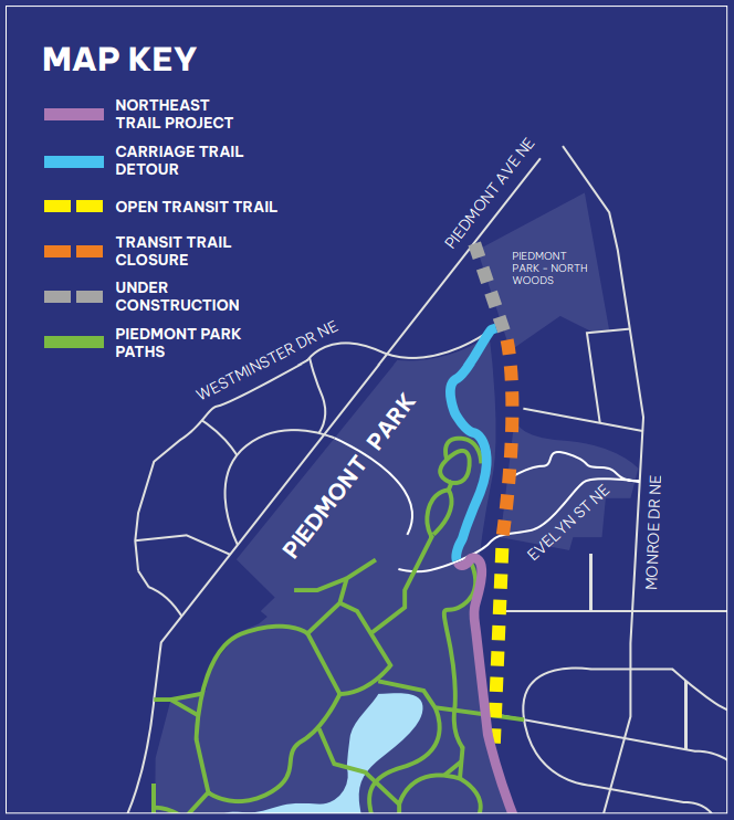 AtlantaBeltline's tweet photo. Pardon our progress!🚧

Beginning today, a section of the gravel Transit Trail on Northeast Trail - Segment 1 will be closed for construction.

Work is expected to last at least a month as we repair the existing wooden bridge over Clear Creek.

Detour info can be found below. https://t.co/wgaLJB6vEZ