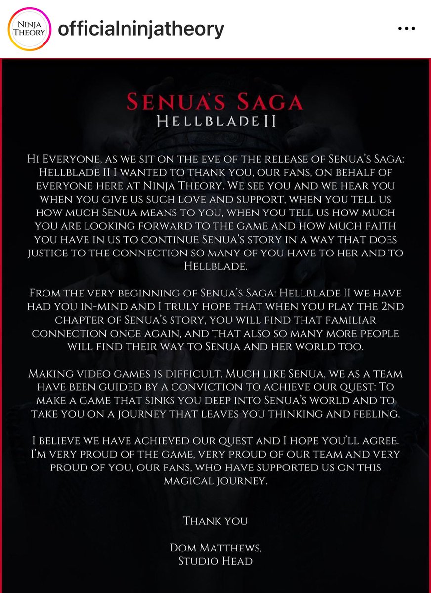 I’ve been looking forward to tomorrow’s release since I finished Senua’s Sacrifice! You’re one of the finest studios <a href="/NinjaTheory/">Ninja Theory</a> and I know you’ll deliver in Senua’s Saga 🔥
