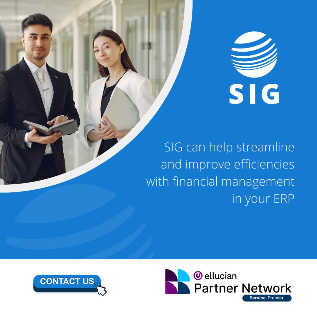 SIGCorpLIVE's tweet photo. SIG can help streamline and improve efficiencies with financial management in your #ERP.  Contact us today 🌐 https://t.co/6hNdQSkYBO
#BannerFinance
#ColleagueFinance
#higheredtechnologyconsultants https://t.co/pMr5uT0ZyO