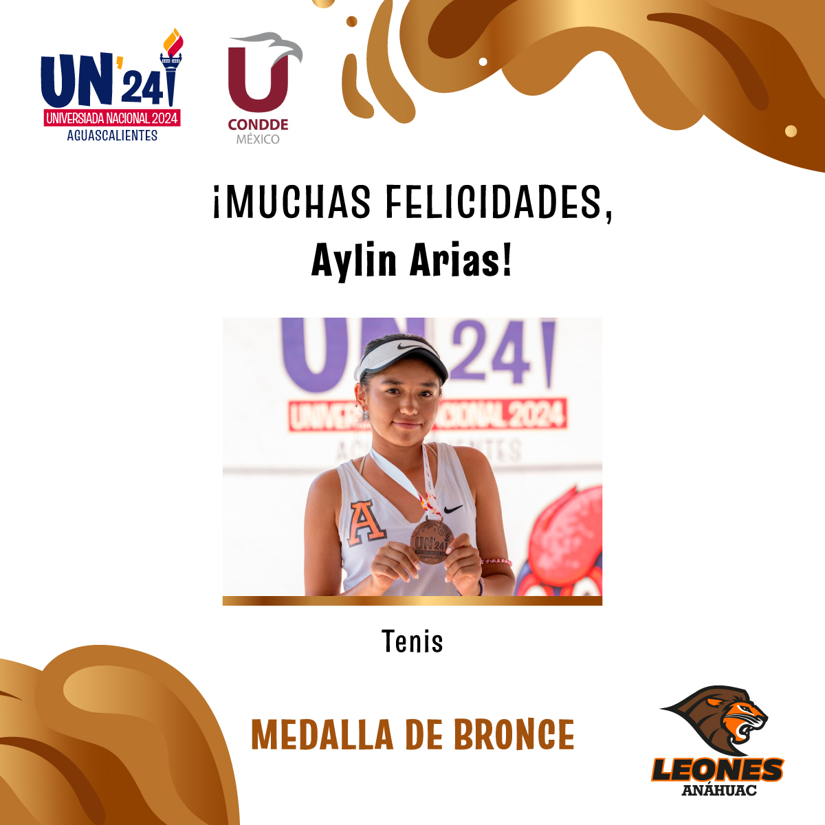 #VamosLeones ¡Medalla de plata en Tenis! 🎾 Felicitamos mucho a Aylin Arias, quien gracias a su destreza y habilidad, ganó la medalla de bronce en Tenis en la #UniversiadaNacional2024 ¡Muchas felicidades! 🦁💪🏼