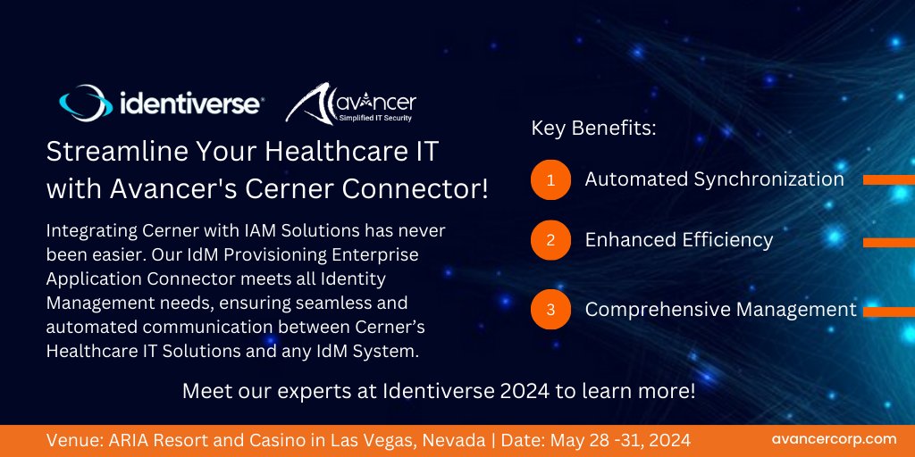 avancercorp's tweet image. Discover how our #Cerner Connector can transform your IAM strategy by ensuring seamless &amp;amp; automated communication between Cerner’s #Healthcare IT Solutions &amp;amp; any IdM System. Meet our experts at Identiverse to learn more! bit.ly/3WFVASN

#ITSecurity #Cybersecurity #IAM