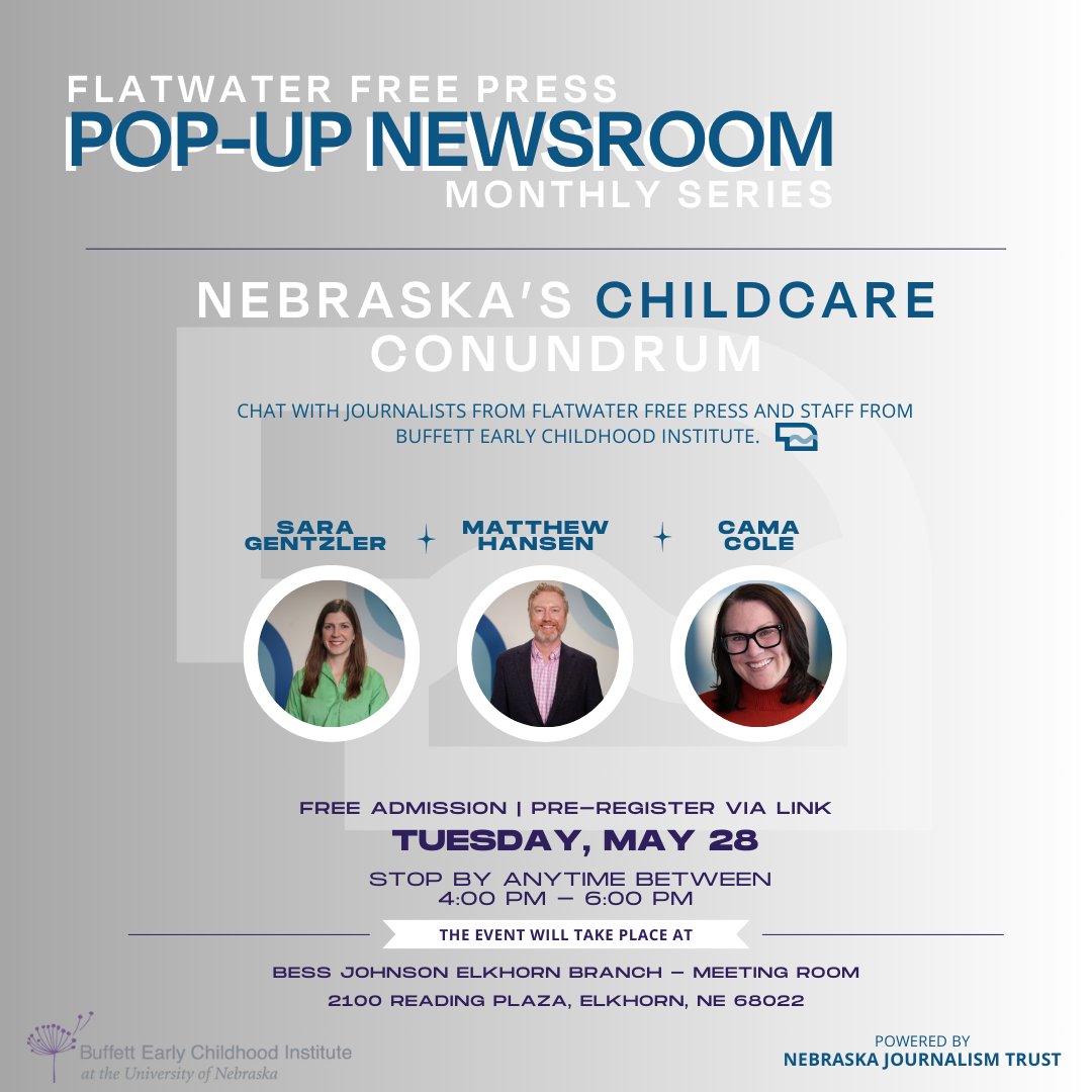 We're talking child care with the @flatwaterfreep at a pop-up newsroom event on May 28 at the Bess Johnson Elkhorn Branch library in Omaha. Join the conversation—it's free and open to all. Register: secure.lglforms.com/form_engine/s/…