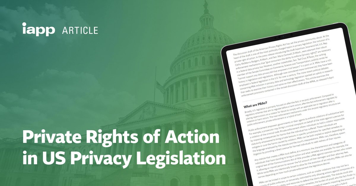 'Private Rights of Action in US Privacy Legislation' is an important IAPP resource by researcher Cheryl Saniuk-Heinig. Learn more about the enforcement provisions contained in the revised discussion draft of the APRA, as released 9 April: bit.ly/3WGIl4v