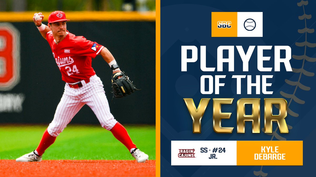 𝗣𝗟𝗔𝗬𝗘𝗥 𝗢𝗙 𝗧𝗛𝗘 𝗬𝗘𝗔𝗥. @RaginCajunsBSB junior shortstop @DebargeKyle is the #SunBeltBSB Player of the Year, after leading the conference with 168 total bases & 151 assists & ranking second with 21 home runs, .730 SLG & 1.159 OPS. ☀️⚾️ 📰 » sunbelt.me/4bpPQBk