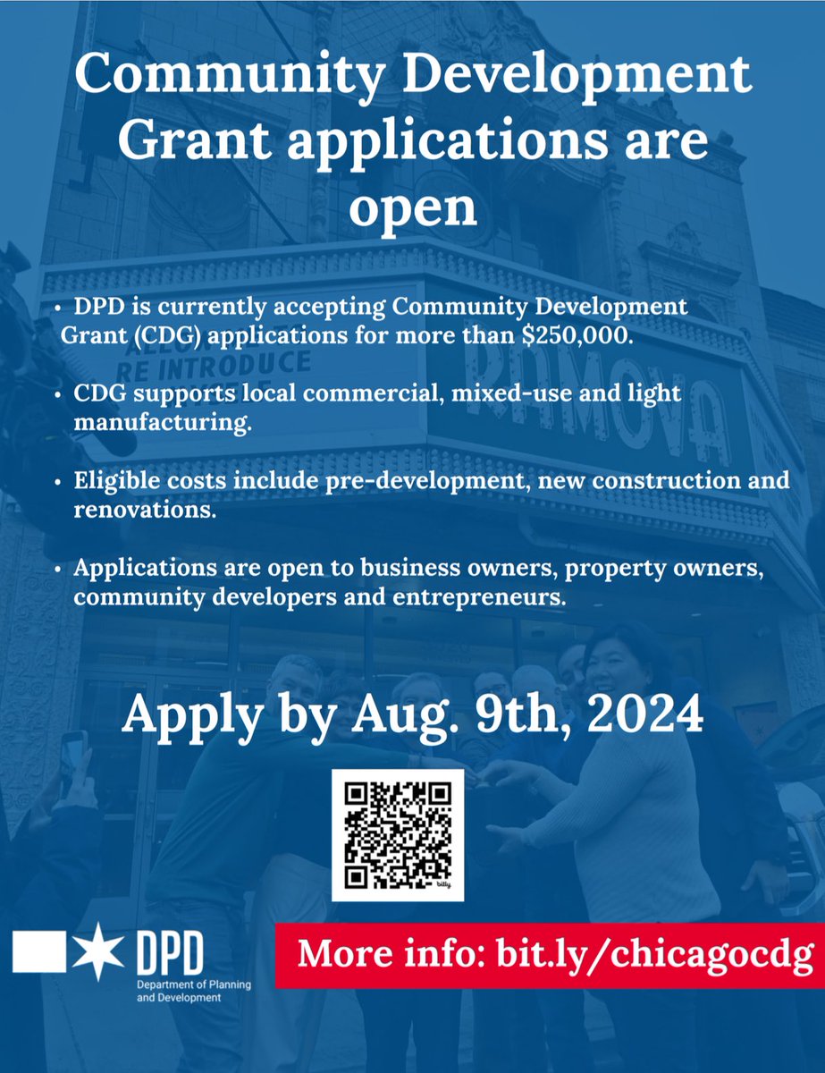 Community Development Grants available! Apply by August 9, 2024. bit.ly/chicagocdg