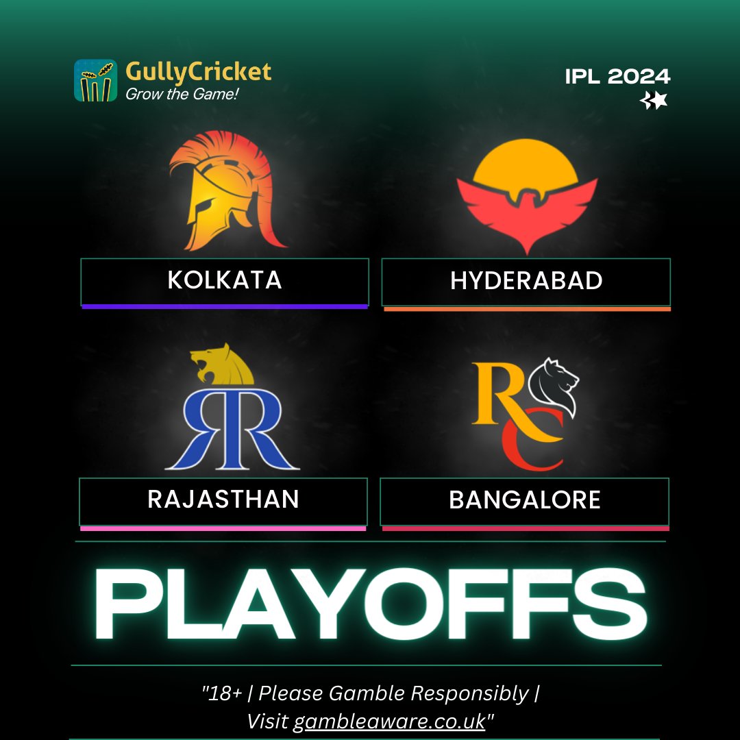 getgullycricket's tweet photo. Four teams, one dream! The road to the glory begins tomorrow with IPL 2024 playoffs. Buckle up.

Who are you predicting will win IPL 2024?

#ipl2024 #ipl #gullycricket https://t.co/gc0XZbCegc