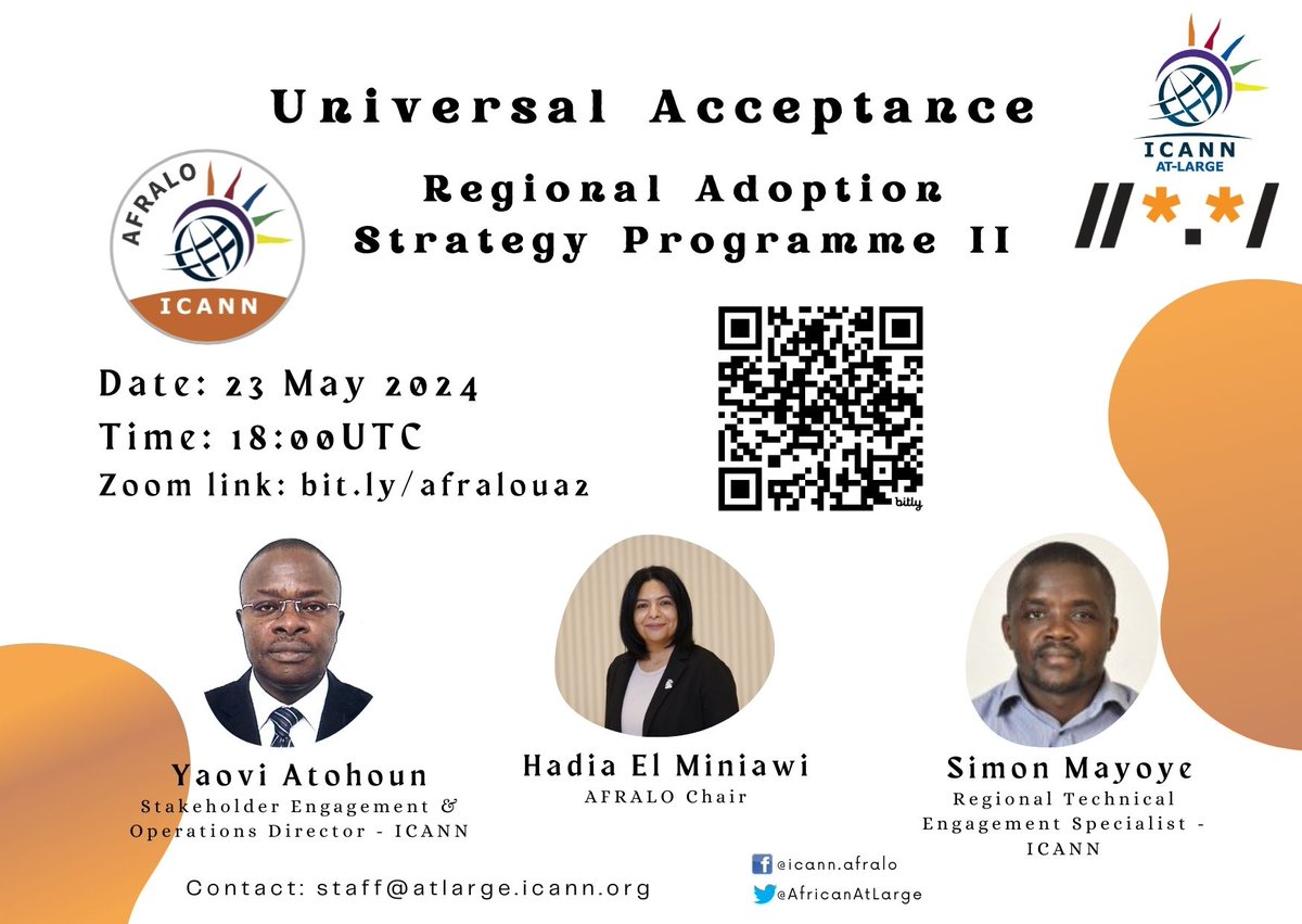 AfricanAtLarge's tweet photo. Join @AfricanAtLarge on the #UniversalAcceptance regional strategy adoption webinar part 2. 
Date: 23rd May 2024. 
Registration link: https://t.co/nyqmCIQQgE
More information is on the flyer below. https://t.co/wRJ87YdgD5