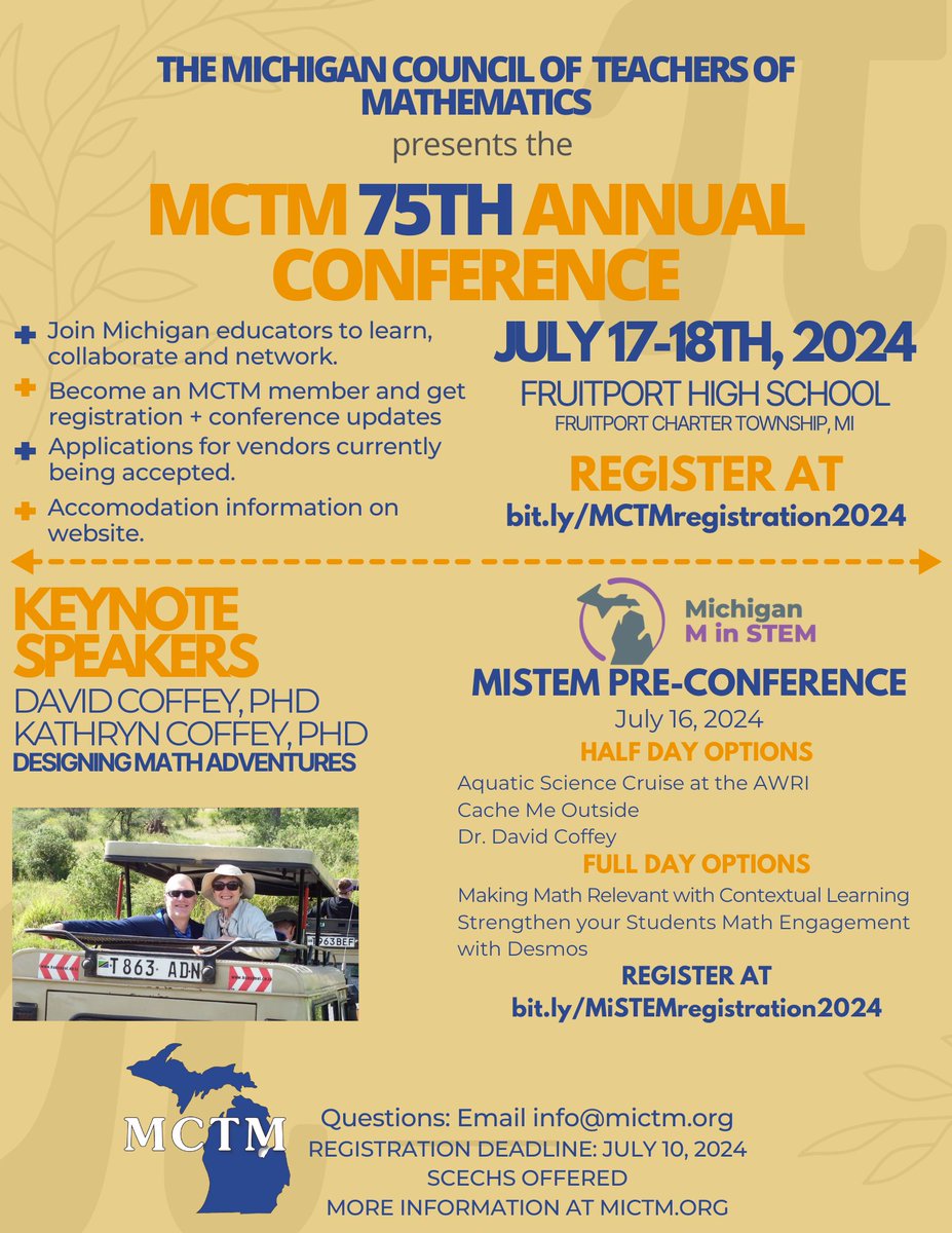 🌟 Exciting News Alert! 🌟 Our 75th Annual MCTM Conference is getting even better! Join us for an exclusive breakout session hosted by the dynamic duo, David and Kathy Coffey, our Keynote Speakers. Don't miss out on this unique opportunity!