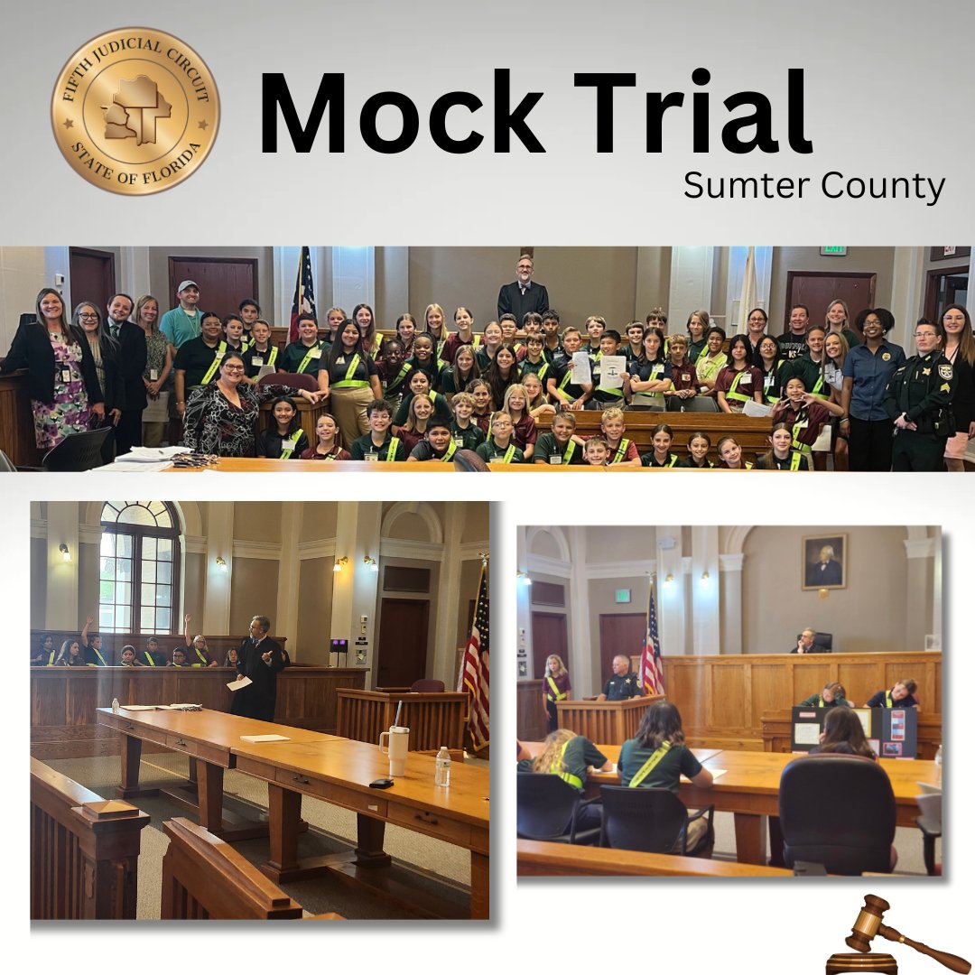 The Honorable Paul L. Militello welcomed students from The Villages Charter School to the Historical Courtroom to conduct a mock trial.
4th and 5th grade students from both Middleton and Buffalo Ridge, held the mock trial in #SumterCounty and learned about the judicial system.