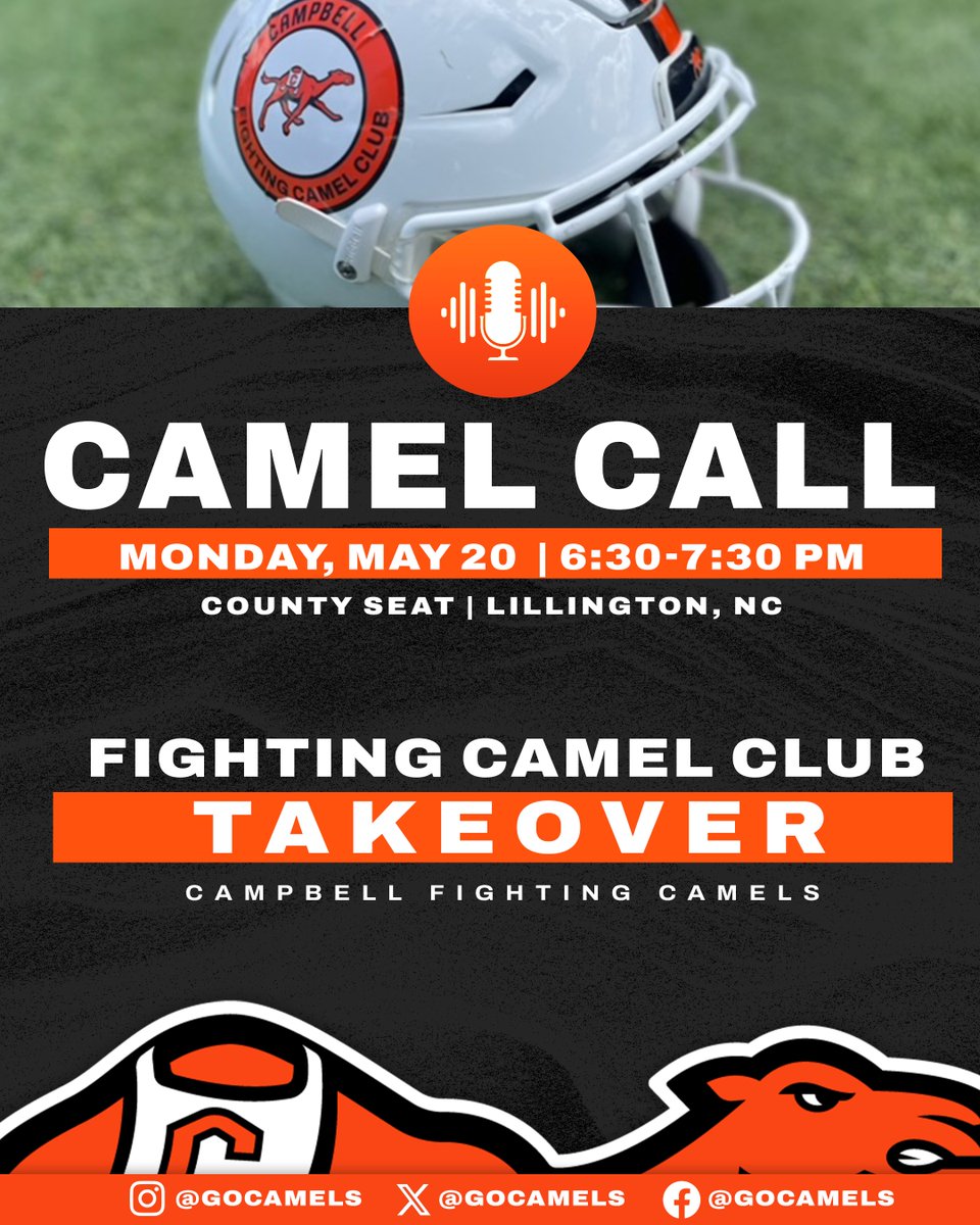 𝐂𝐀𝐌𝐄𝐋 𝐂𝐀𝐋𝐋 𝐋𝐈𝐕𝐄! Tonight we're live again from the County Seat in Lillington for a special Fighting Camel Club edition. We'll be giving away a pair of tickets to the 2024 @GoCamelsFB season opener! C-U there! #FightAsONE | #RollHumps 🐪