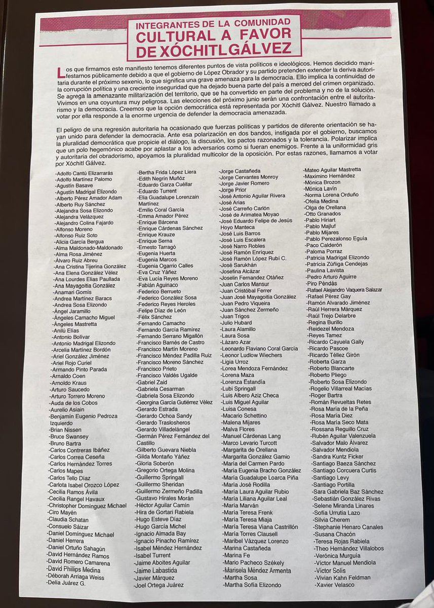 Este es comunicado integrantes de la comunidad cultural de México suman apoyo a la candidata presidencial del PAN, PRI y PRD, <a href="/XochitlGalvez/">Xóchitl Gálvez Ruiz</a>.