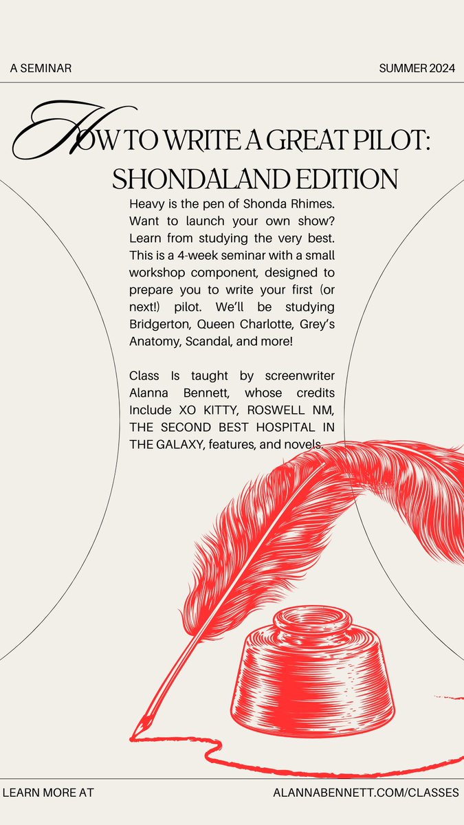 Want to learn what goes into a great pilot and get one step closer to conquering your own? Join my seminar/workshop HOW TO WRITE A GREAT PILOT: SHONDALAND EDITION! Kicks off June 4th! alannabennett.com/shop/how-to-wr…