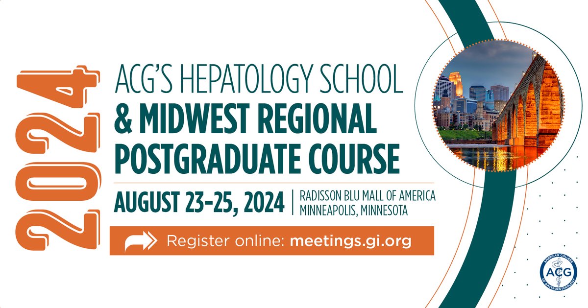 Register for ACG’s Hepatology School & Midwest Regional Postgraduate Course! August 23-25 in Minneapolis, MN Join colleagues for the latest in GI and hepatology, with lectures, Q&A, and didactic sessions. Register: gi.org/2024midwest @PaulYKwo @NayantaraCoelho