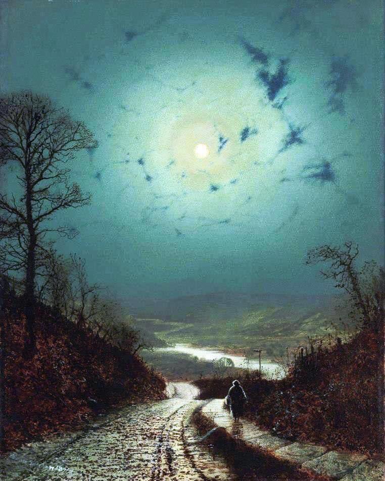 “C’è una pace triste nella luce fredda della luna”. ___Fernando Pessoa, ‘Il libro dell’inquietudine’ 🎨 John Atkinson Grimshaw - Wharfedale , 1871