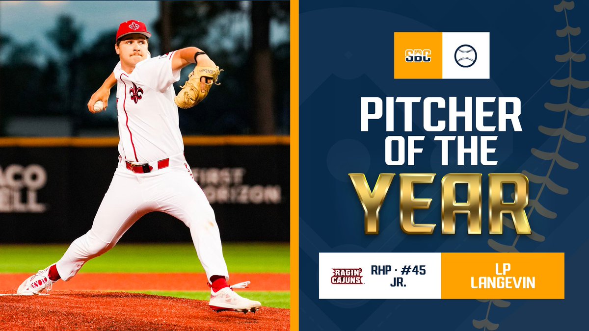 𝗣𝗜𝗧𝗖𝗛𝗘𝗥 𝗢𝗙 𝗧𝗛𝗘 𝗬𝗘𝗔𝗥. @RaginCajunsBSB junior right-handed pitcher @LP_Langevin45 is the #SunBeltBSB Pitcher of the Year, after pacing the conference with 97 strikeouts, a .163 OBA, 33 hits & 23 runs allowed. ☀️⚾️ 📰 » sunbelt.me/4bpPQBk